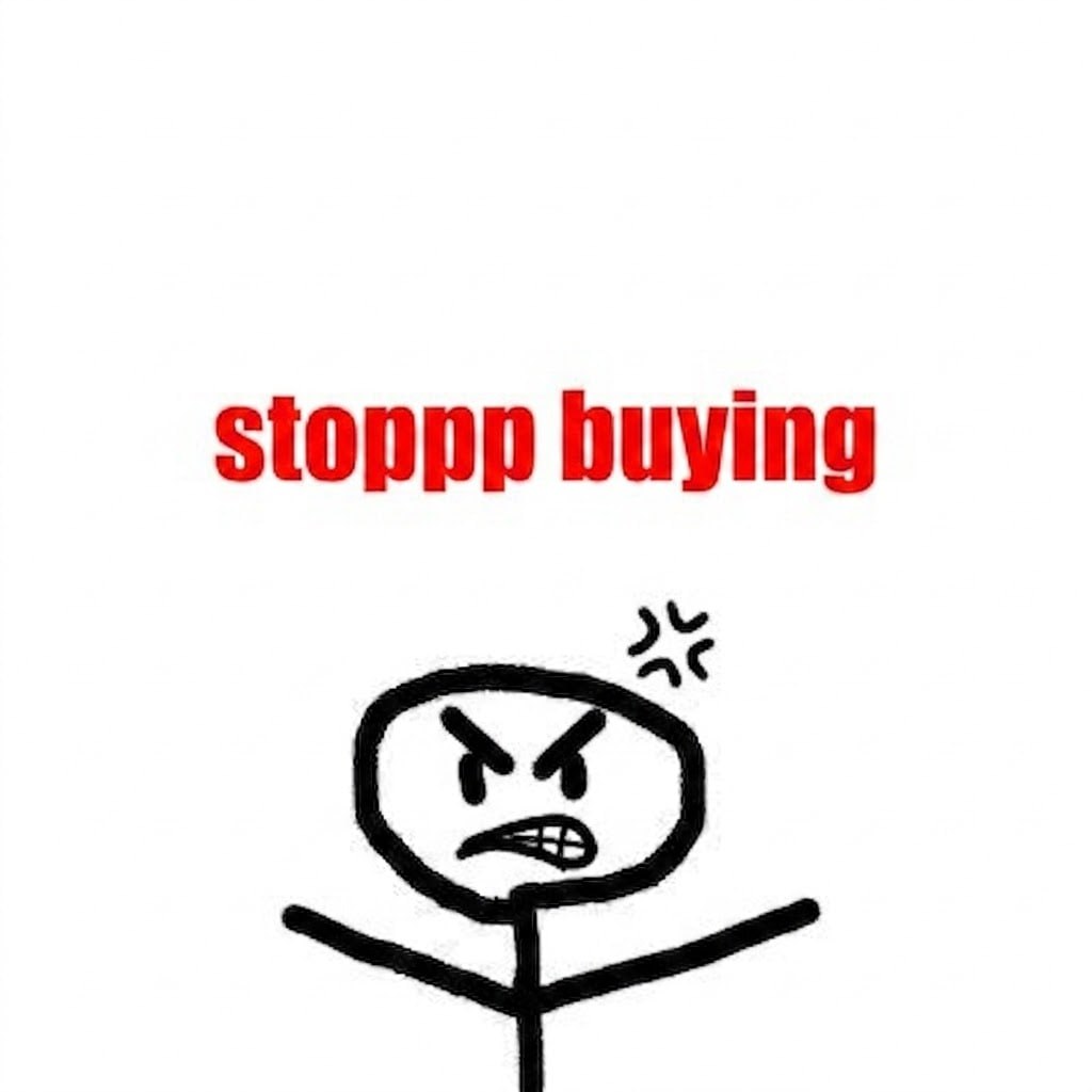 Furious stick figure with gritted teeth above the words: stoppp buying
