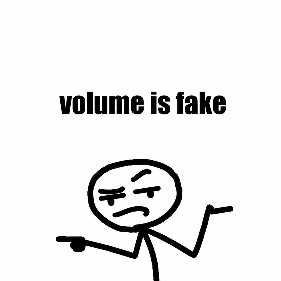Skeptical stick figure pointing both ways above the words: volume is fake